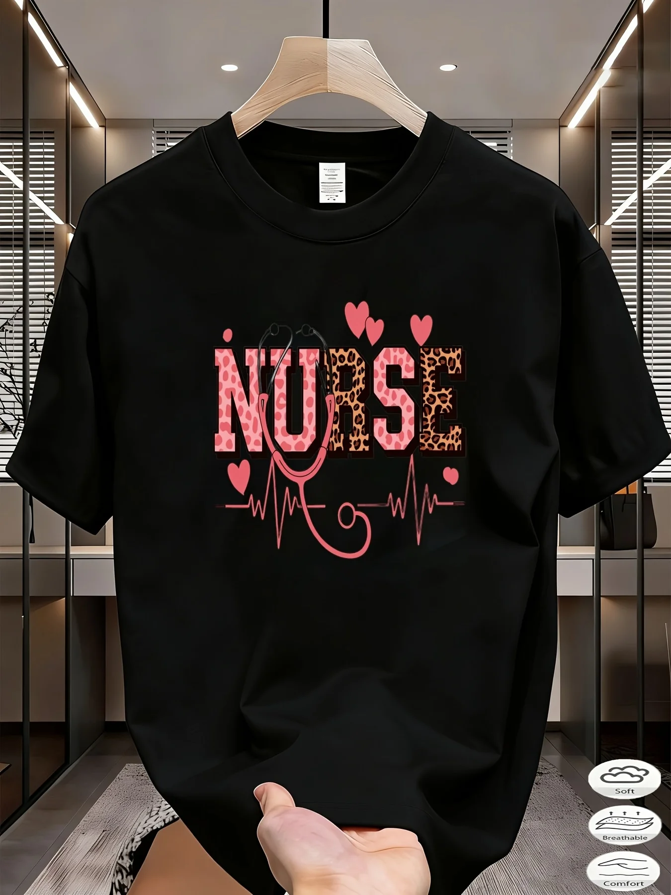 Nurse Themed White Shortsleeved Tshirt for Men And Unisex with NURSE Leopard Print Letters Red Heart And ECG Stethoscope Creative Pattern Soft Breathable And Comfortable Fabric Easy to Carepure Breathable Sweat-Wicking And Soft Suitable for Daily Co