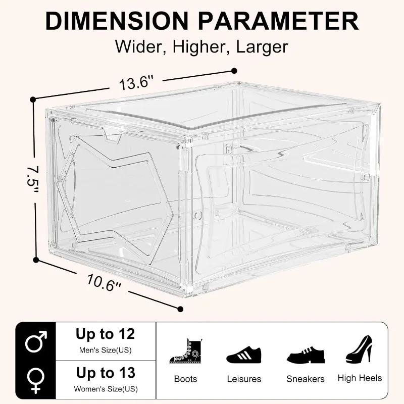 Kotak penyimpanan sepatu besar untuk lemari dengan pintu magnetik 6 pak kotak sepatu dapat ditumpuk bening untuk pintu masuk