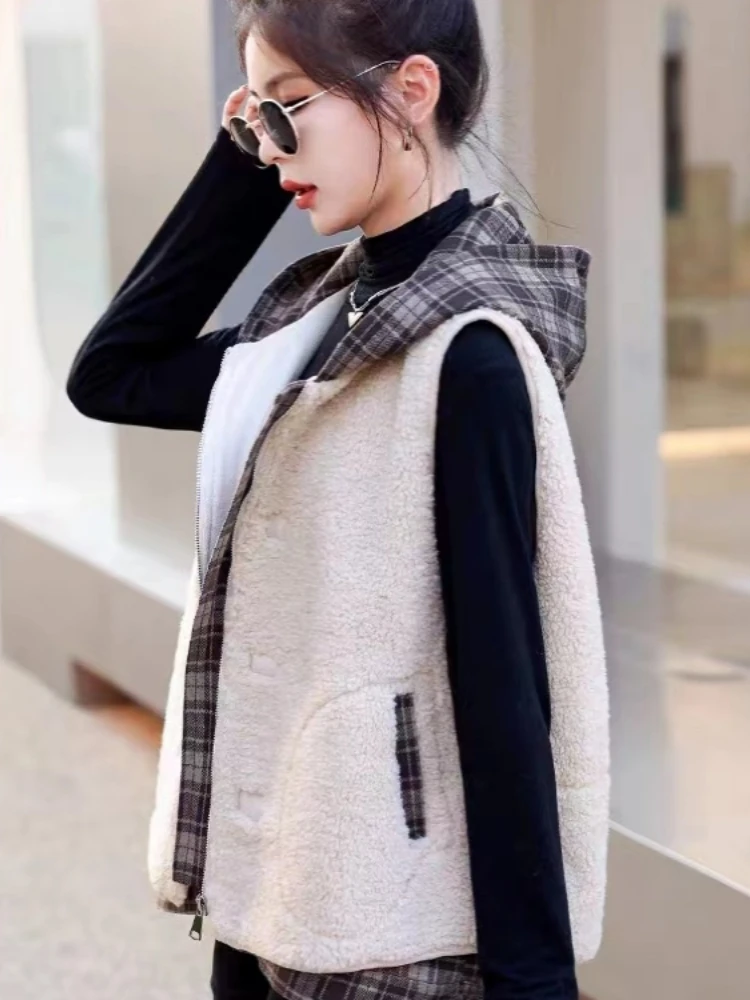 Hooded Zipper Sleeveless Cardigan Women Autumn Winter Vest Faux Fur Splicing Jacket Warm Tops Korean Leisure Loose Coats