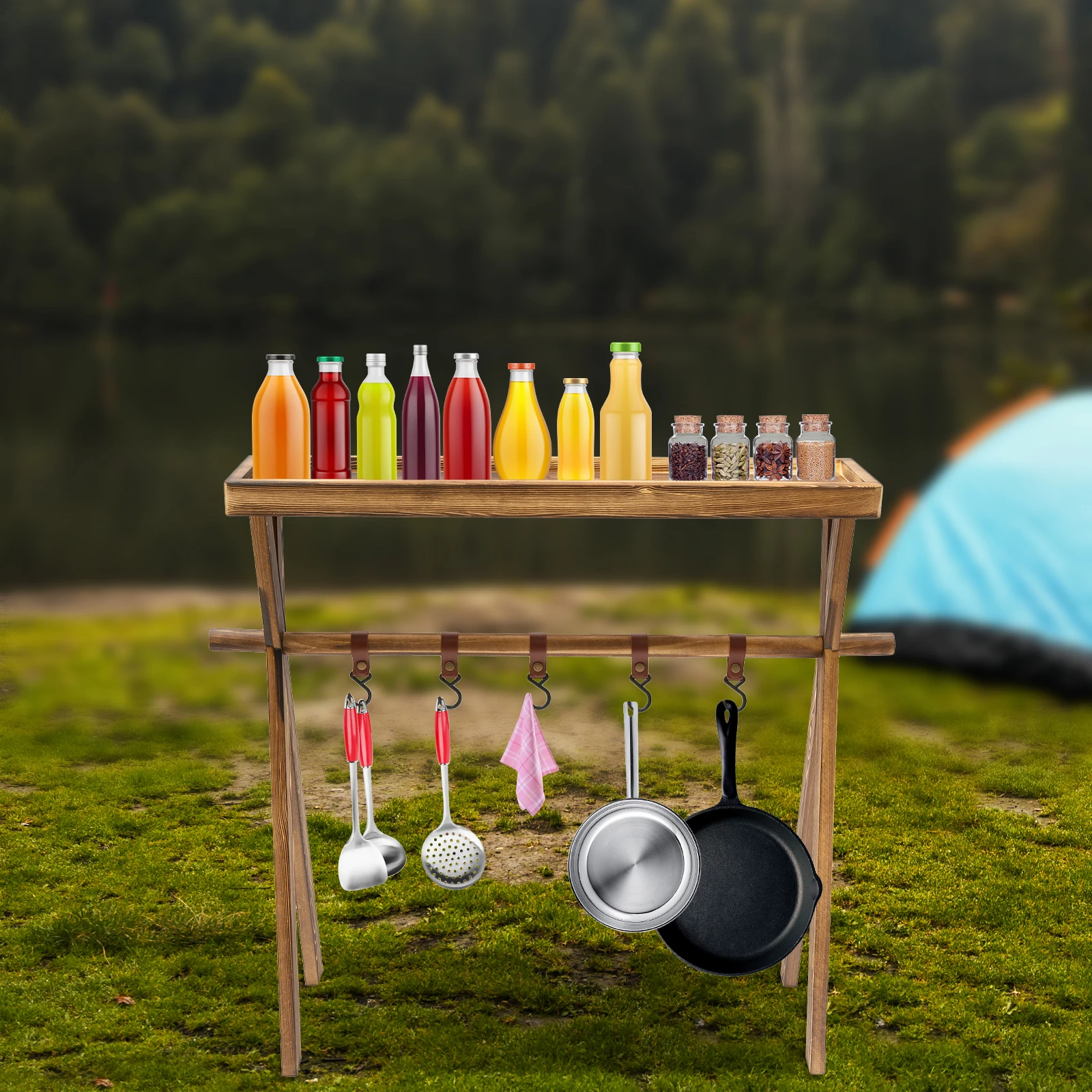 Wooden Portable Picnic Rack,Portable Beechwood Outdoor Shelf/Rack for Storage,Outdoor Kitchen, RV for Picnic, BBQ, Home Storage