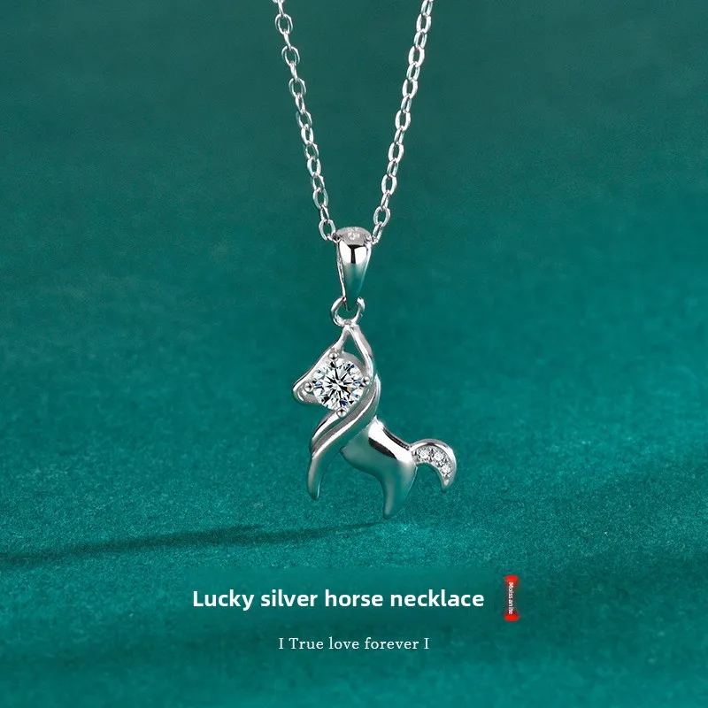 

S925 Silver Rhodium Plated D Color Moissanite Lucky Horse Pendant Necklace for Women - GRA Certified, Elegant Jewelry Gift.