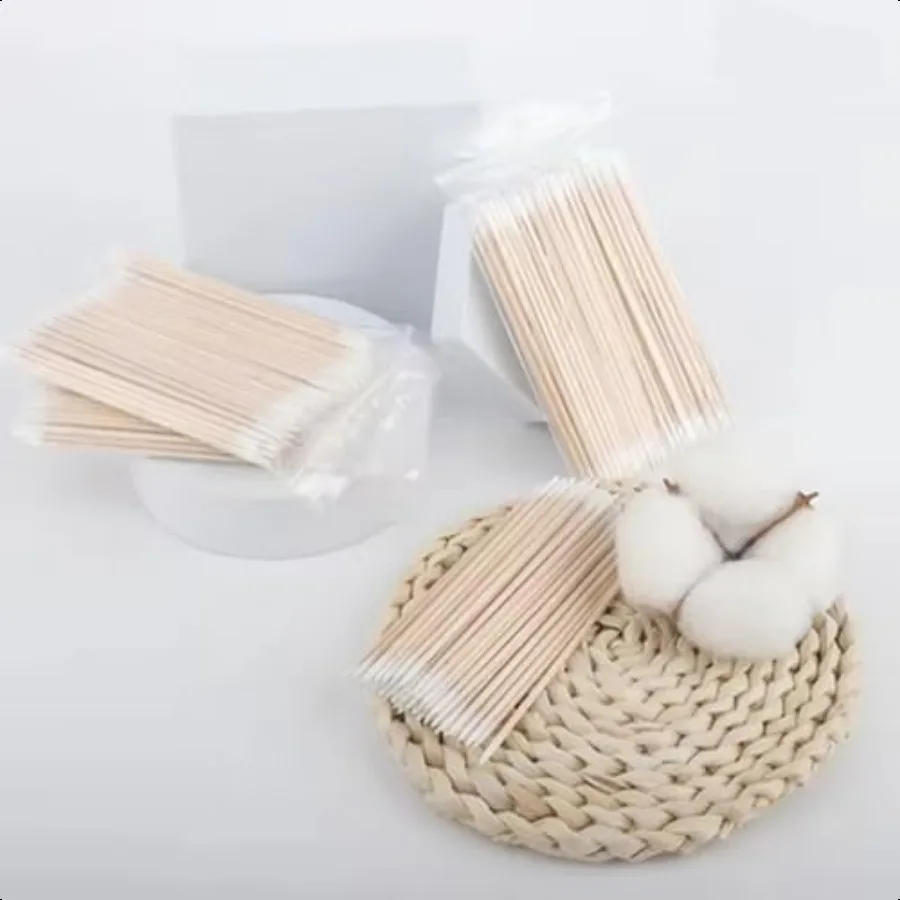 両端木製ハンドル付き先細綿棒　家庭用メイク落とし、まつげエクステの接着剤除去用綿棒