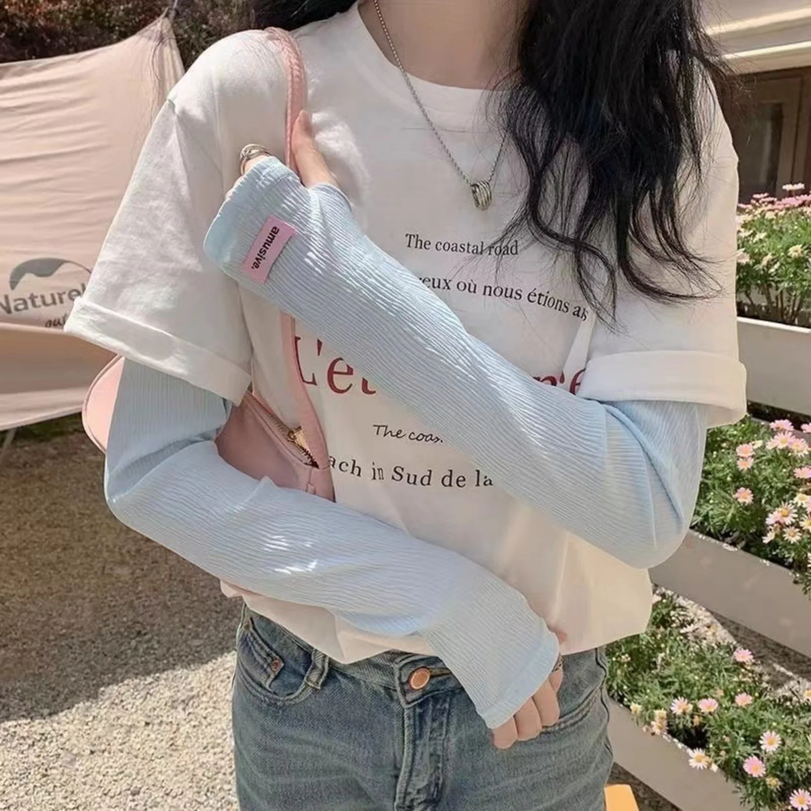 1Pair Crinkle Texture Adjustable Sleeve Covers For Women Cute Pink Label Sun Protection Arm Sleeves For Outdoor Activities image 2