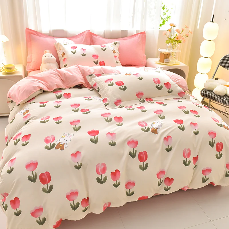 Sweet Fresh Tulip Rabbit 4Pcs Bedding Set Floral Print Duvet Cover Bed Sheet Pillowcases Soft Cozy Home Bedroom Decoration