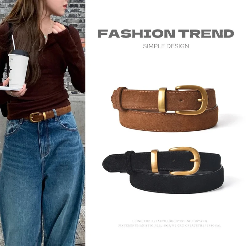 New Double Genuine Leather Belt for Women Cowhide Suede Belts with Trendy Square Alloy Buckle Ideal for Dresses and Jeans