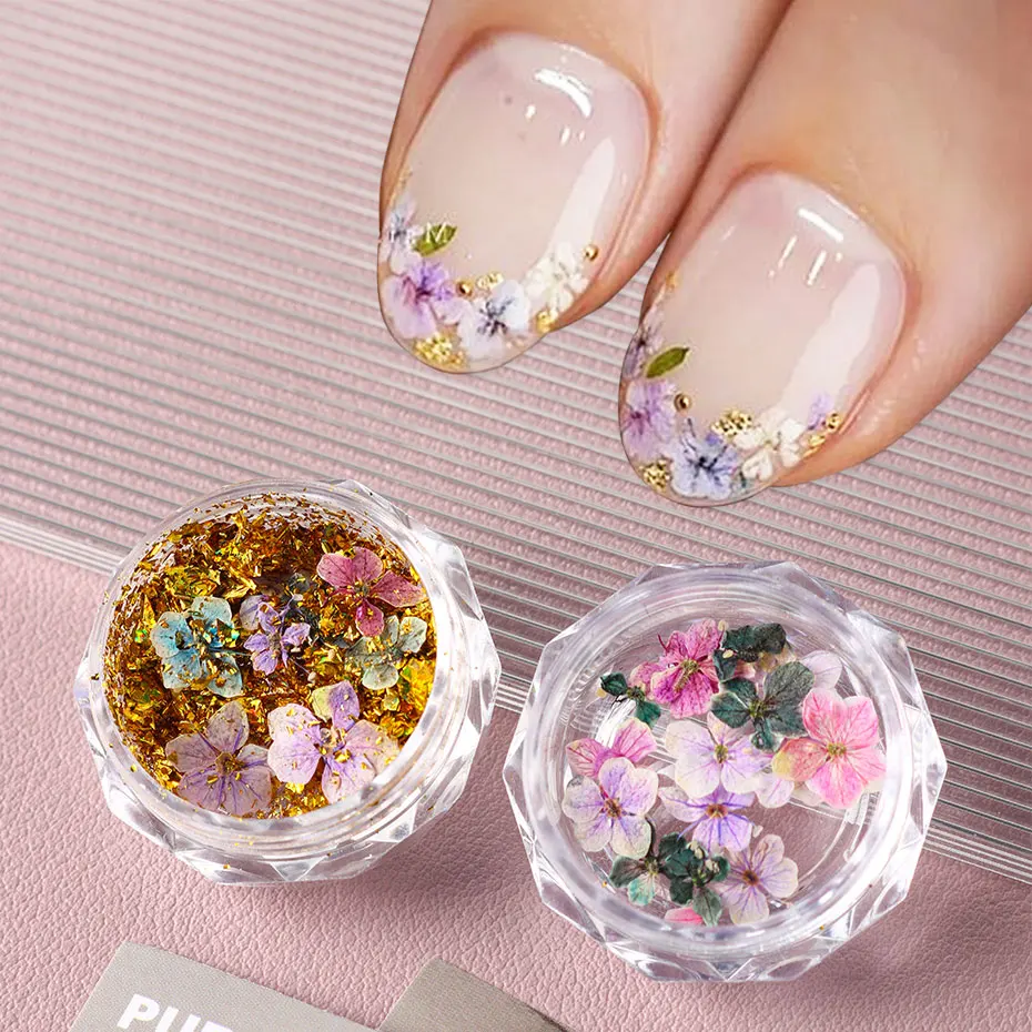 

Mini Dried Real Nail Art Pressed Flowers 3D Colored Dry Flower with Golden Foils DIY Craft Supplies Summer Nail Art Decoration