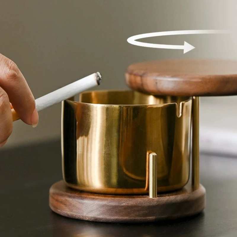 Black Walnut Rotating Ashtray with Lid Creative Solid Wood Ash Tray for Living Room Rustic Desk Accessory Office Smoke Catcher