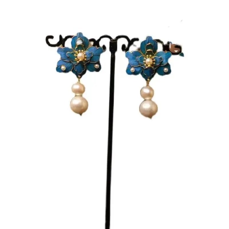 Chinoiserie Style Vintage Cloisonne Silver Plating Peony Flower Pearl Earrings for Women Chinese Hanfu Cheongsam Girlfriend Gift