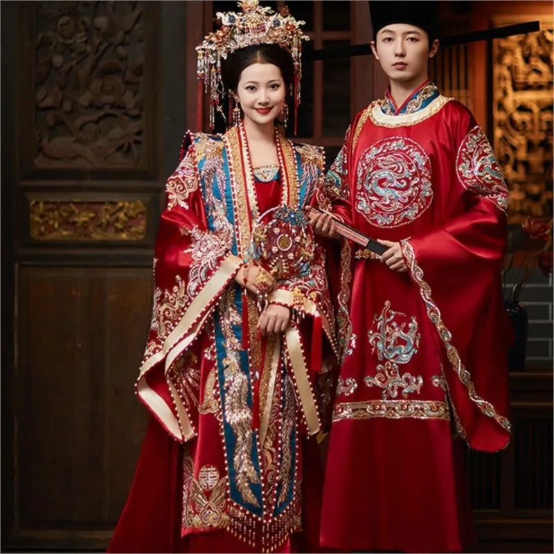

Свадебное платье династии Хань в парном стиле, корона Феникса и красная накидка, традиционная китайская с длинными рукавами