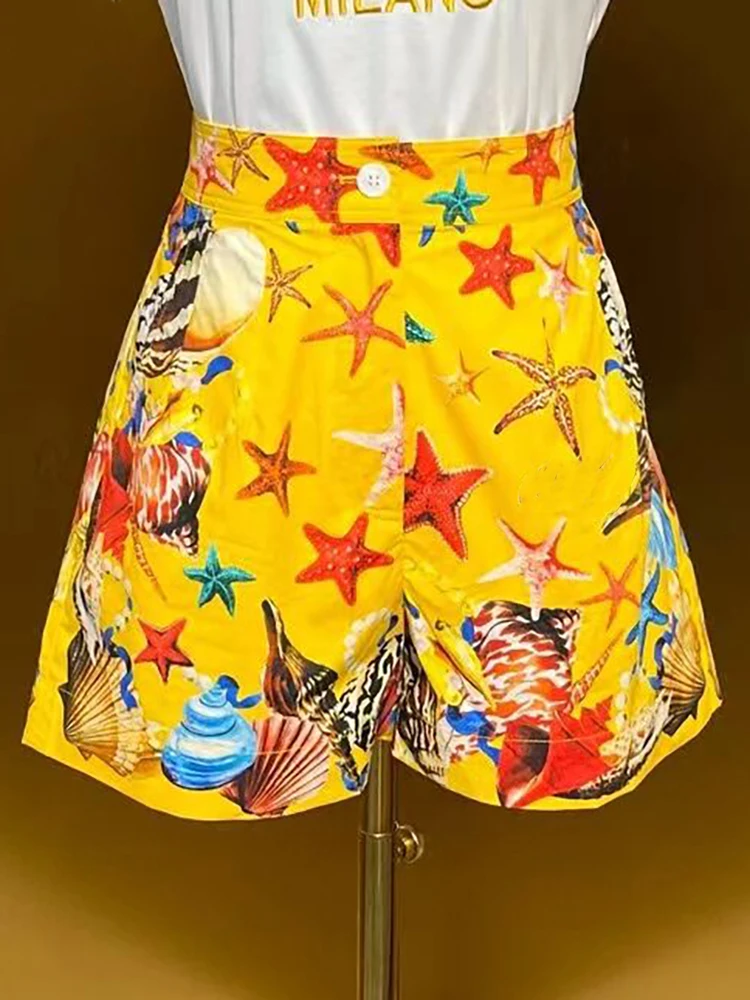 Seasixiang Fashion Designer Summer Cotton Shorts Women's High waist Pockets Starfish Shell Print Casual Shorts