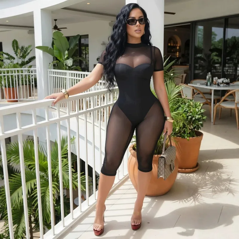 Doyerl - Mono de malla con parches para mujer, ropa de fiesta rave, transparente, ajustado, elástico, sexy, para discoteca, catsuit