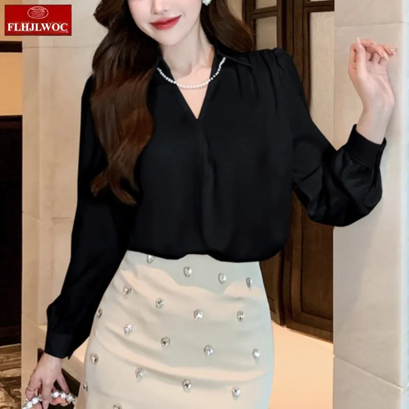 Trabalho commuter v pescoço topos blusas 2025 outono mulher estilo francês senhora do escritório chique coreia bling frisado sólido branco básico camisas