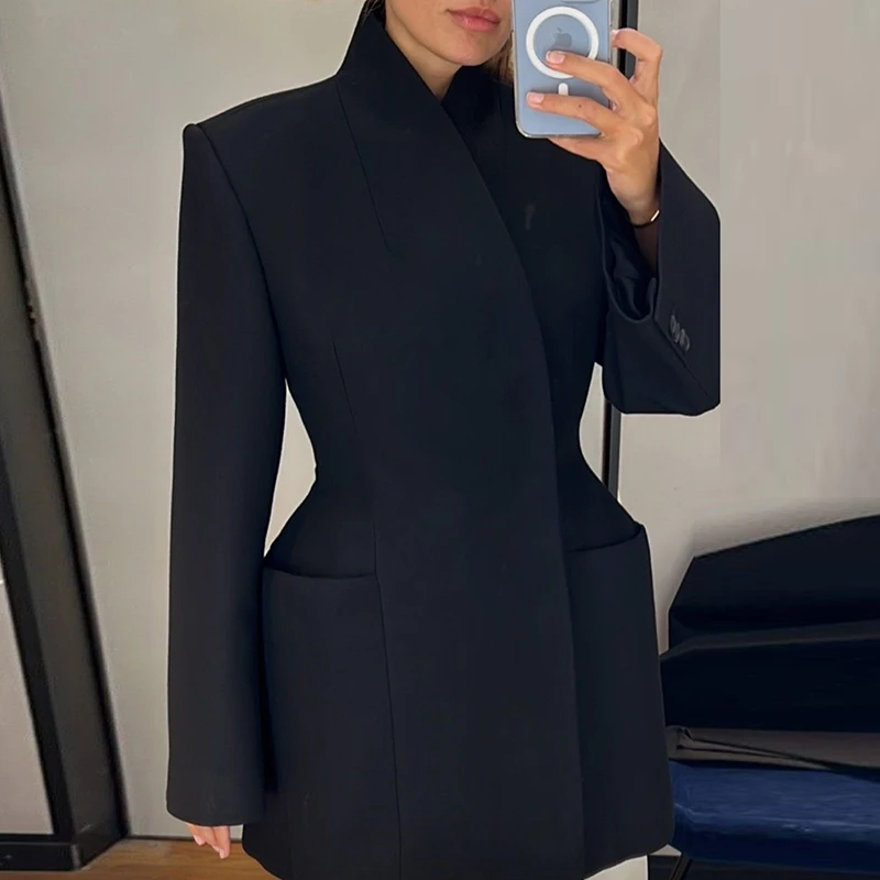 Women Solid Color Long Sleeve Banquet Blazer Winter High Street Pocket Coat Office Lady Fashion Stand Collar Temperament Jacket