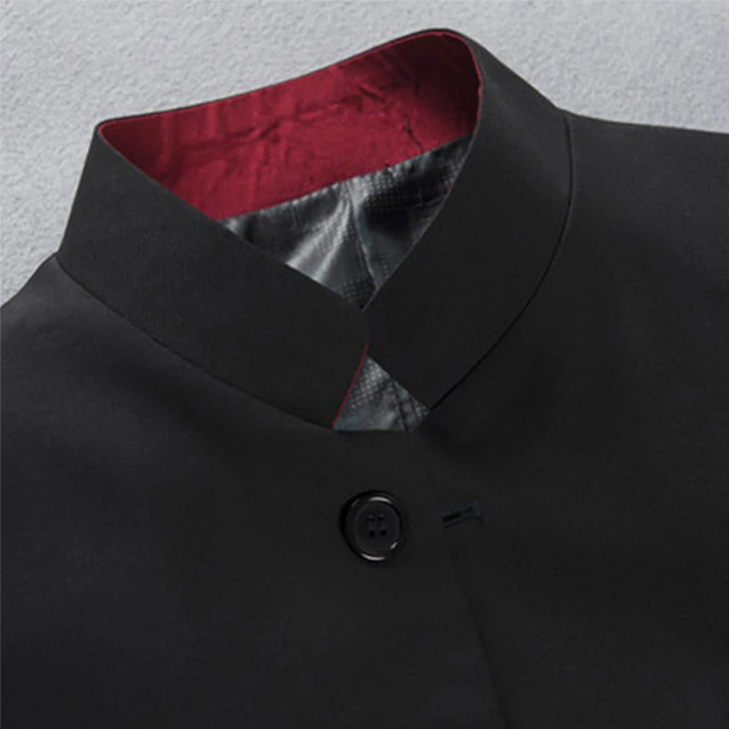 Stand Collar With Red Lining Men Chinese Tunic Suit Jacket Single Breasted Traditional Mao Coat Black