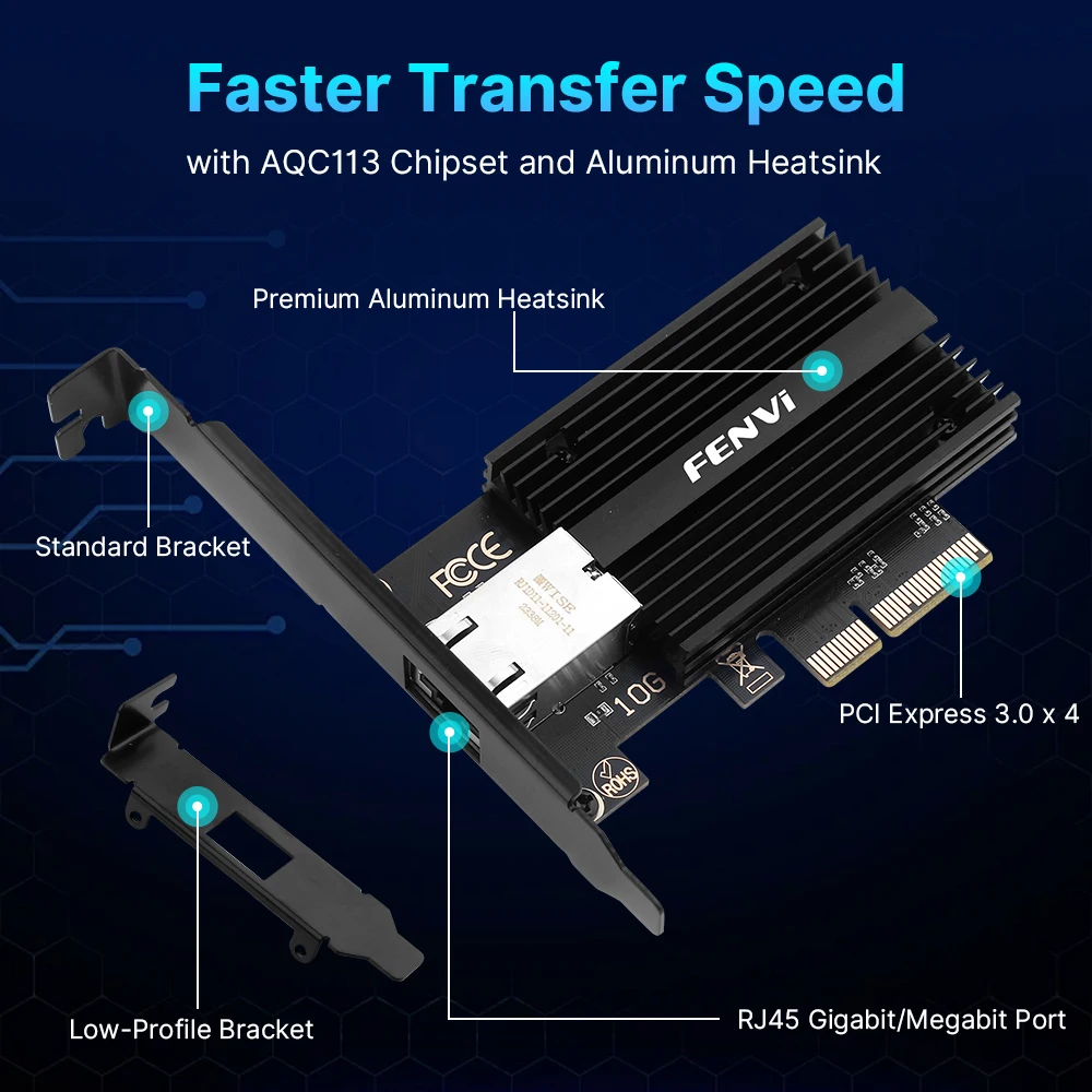 fenvi 10Gbps Pcie to RJ45 for Marvell AQC113C Network Card Gigabit Ethernet PCI Express LAN Adapter 1G/2.5G/5G/10Gbps RJ45