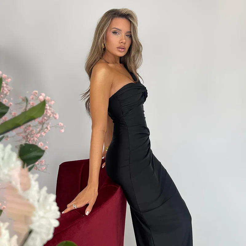 Rose Black One Shoulder Chest Wrapped Dress Elegant Party Dress For Women Slim Fit Hip Hugging Dress Women\'s Clothing