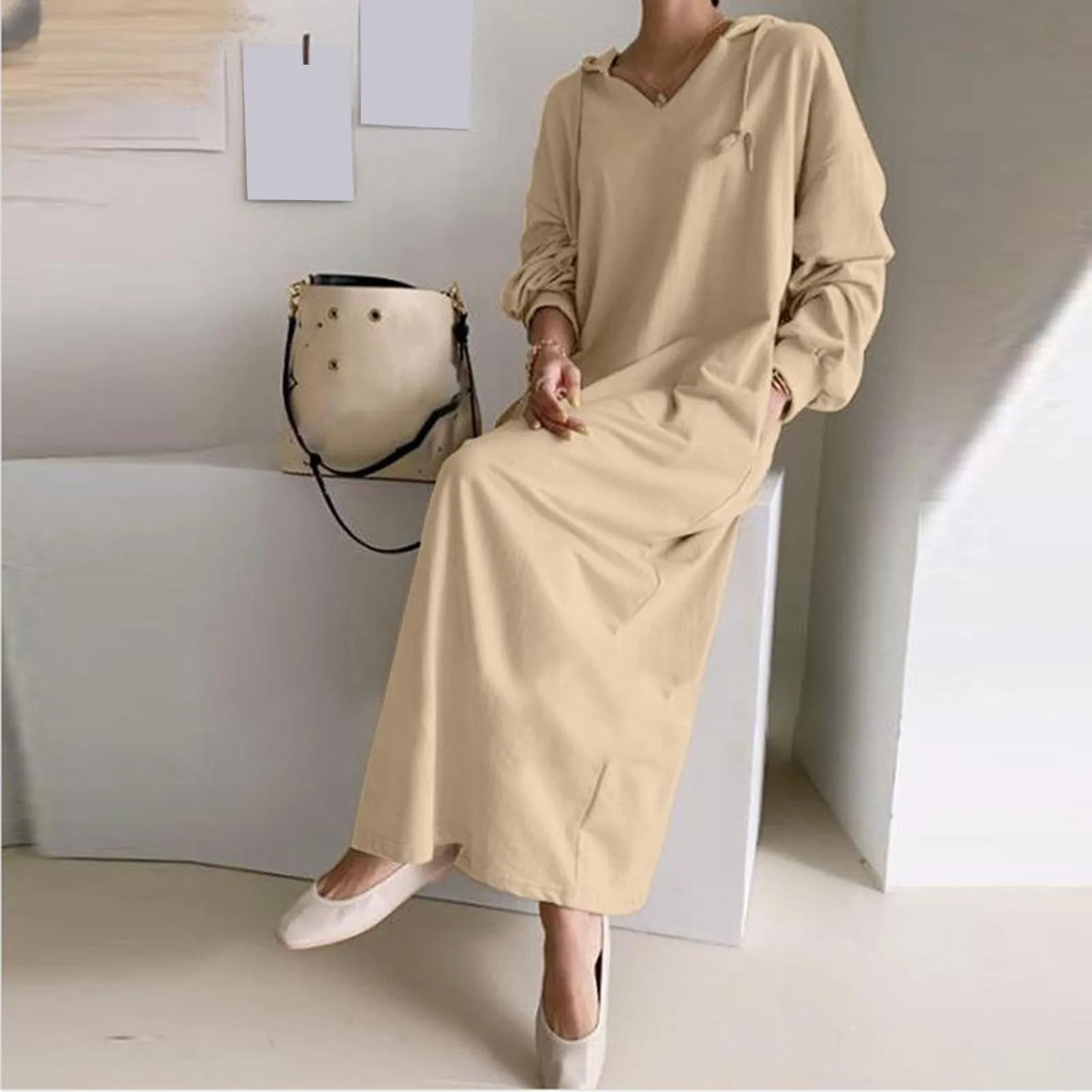 

Women Thin Long Sleeve Drawstring Solid Loose V Neck Casual Mini Dresses for Women Casual Long Sleeve Women Halter Dresses