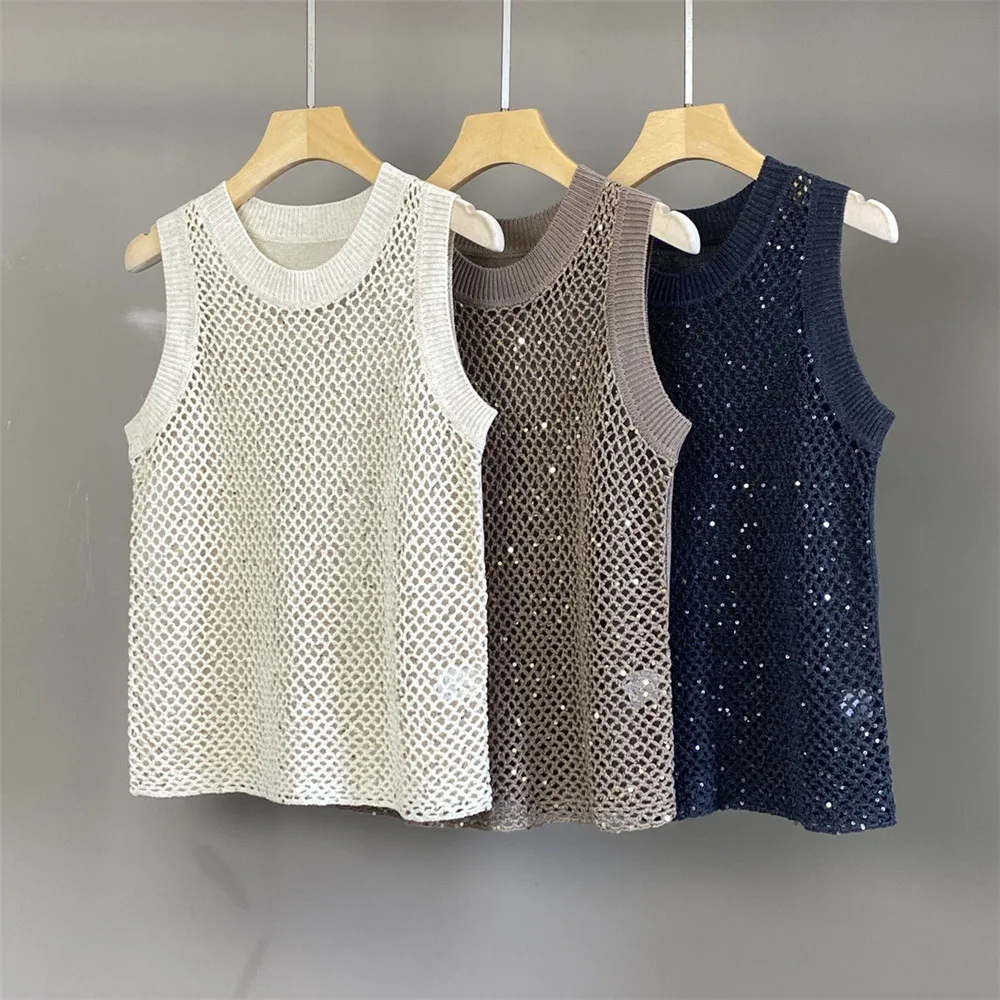 

Women's Sleeveless Vest Round Neck Linen Sequin Hollow Fashionable Versatile Tank Top