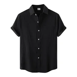 Men's Spring Fashion Top Shirt Solid Color Turndown Top Casual Button Short-Sleeved Special Loose Shirts Blouses