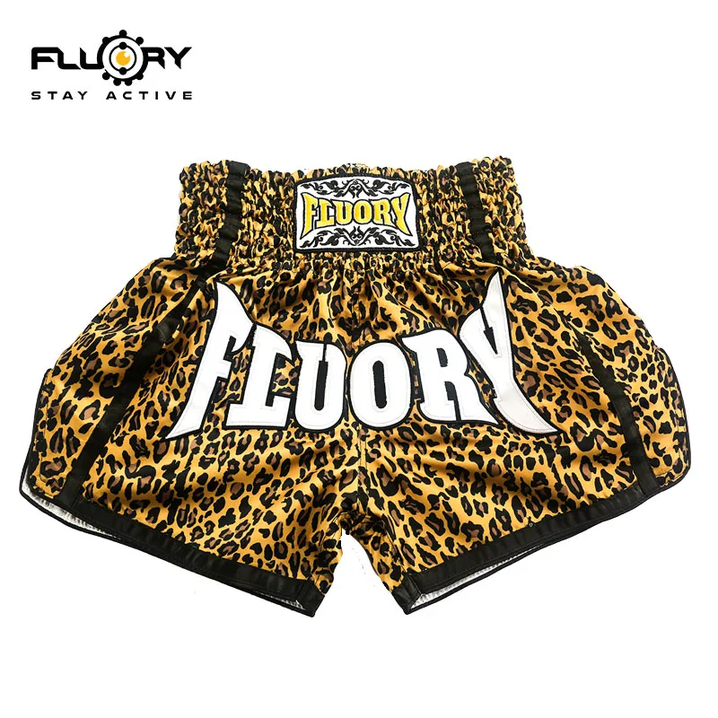 FLUORY Fight shorts Boxing Shorts embroidery  patches Muay thai shorts Leopard Print Heavy-Duty Embroidery Boxing Short