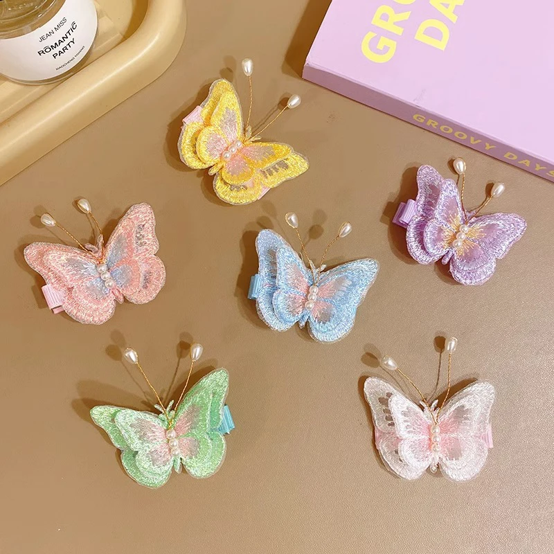 Borboleta bordada grampos de cabelo para meninas, grampos de cabelo arco, headwear DIY, grampos decorativos, acessórios para cabelo infantil, 1 par