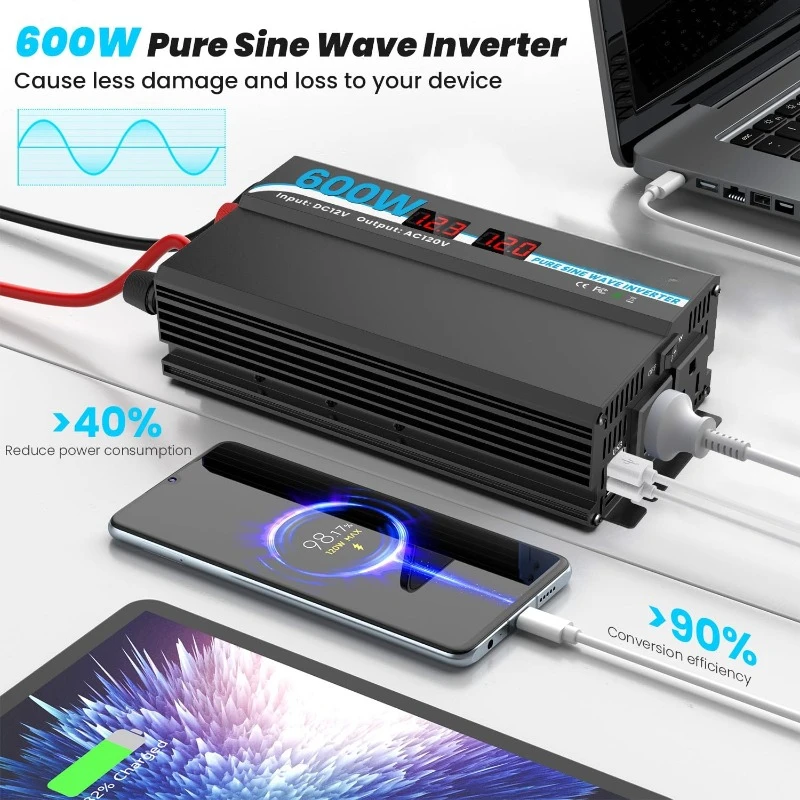 600W Power Inverter Truck, Home, Vehicles, Laptop, Car Inverter 12V to 110V with 2 AC Outlets, 2 USB Ports, LCD Display