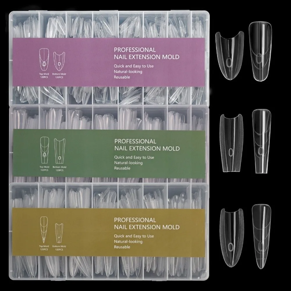 240pcs New Mixed Size False Nail Square Top Bottom Mold Dual Nail Forms Transparent Short Oval Nail Art Extension Nail Art