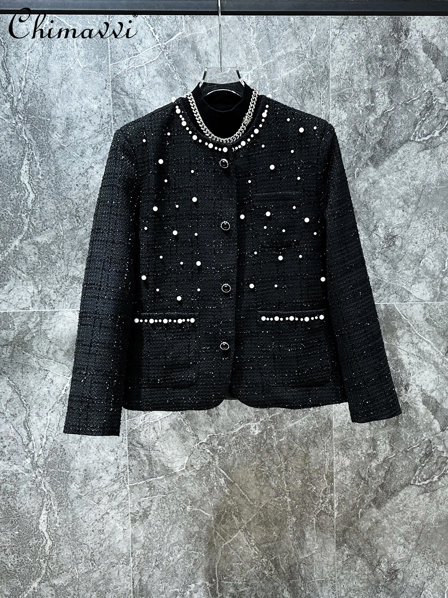 

Heavy Industry Short Jacket High-end Design Beaded Light Luxury Long-sleeved Jacket Autumn New Handsome Round Neck Men's Top