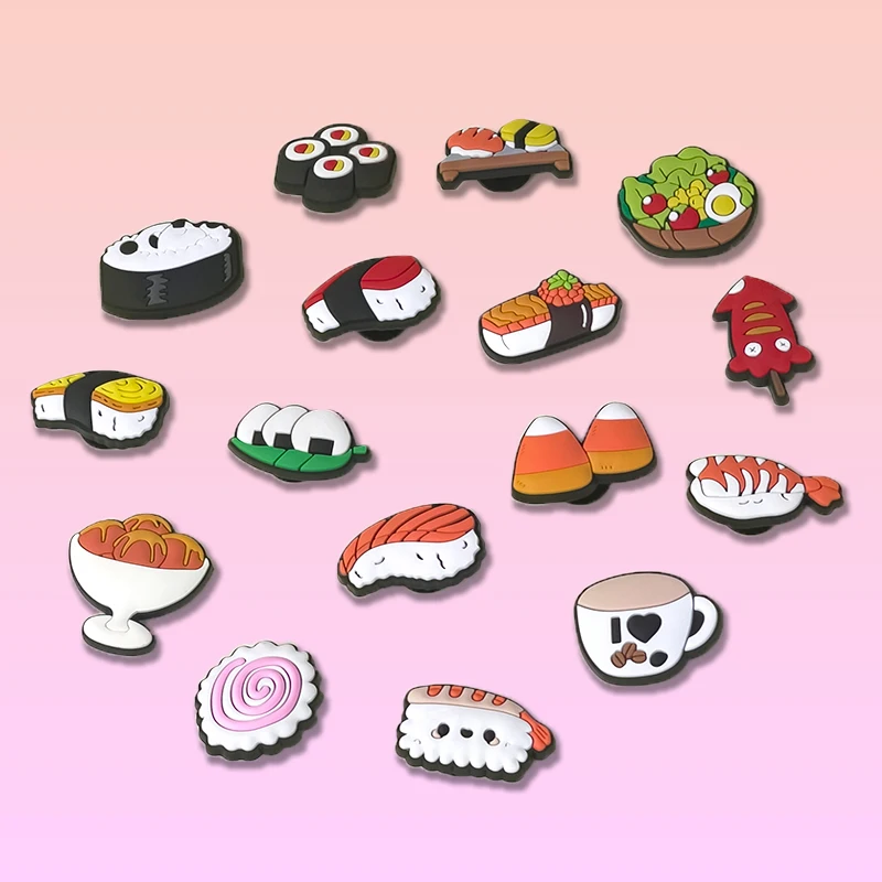 

1/16/80pcs Cute Food Shoe Charms Accessories Sushi Salad Coffee Shoe Decoration for Sandals Suitable for All Clogs Girls Kids