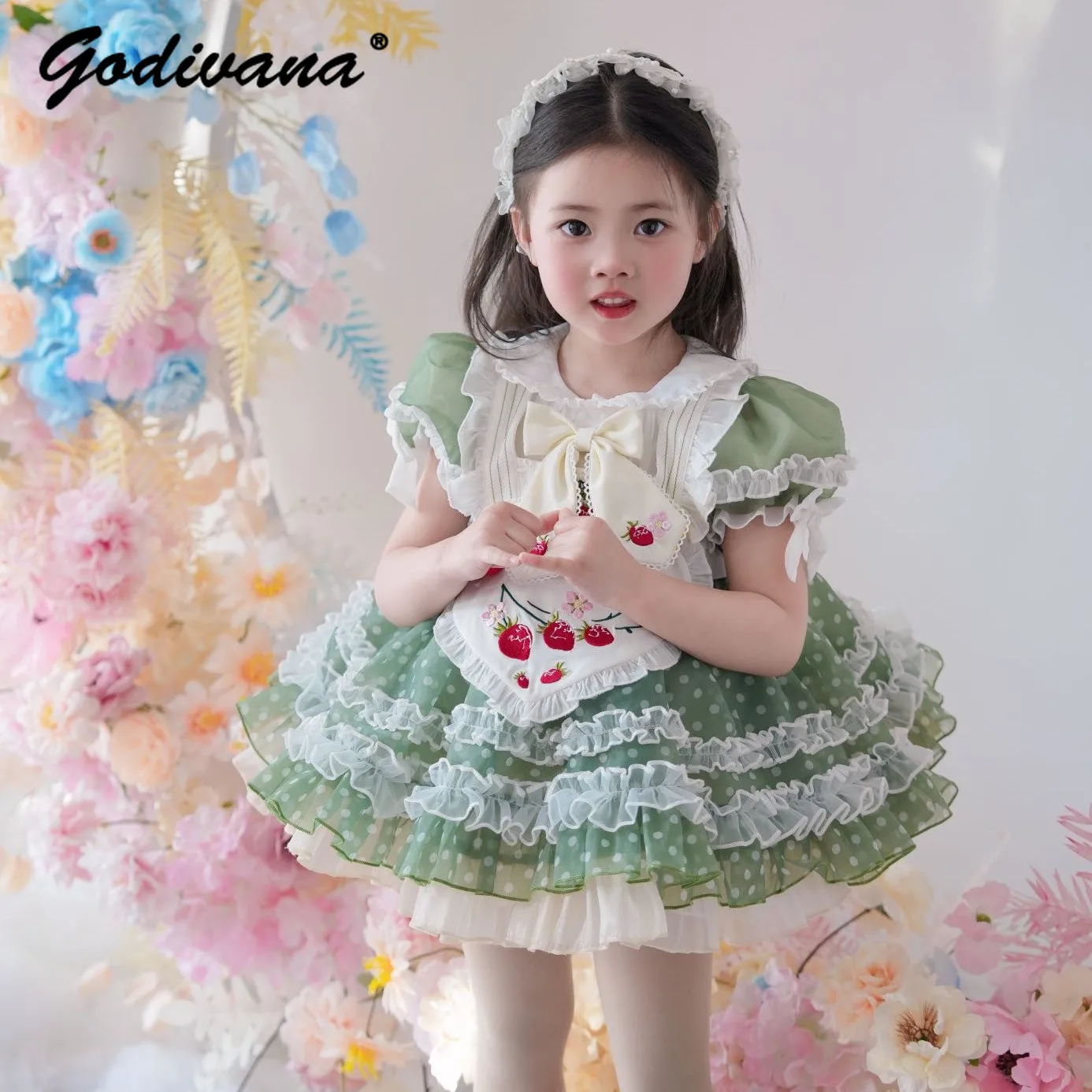 Baby Girl Spring and Summer New Lolita Princess Dress Childrens Puff Short Sleeve Doll Collar Fluffy Gauze Strawberry Dresses