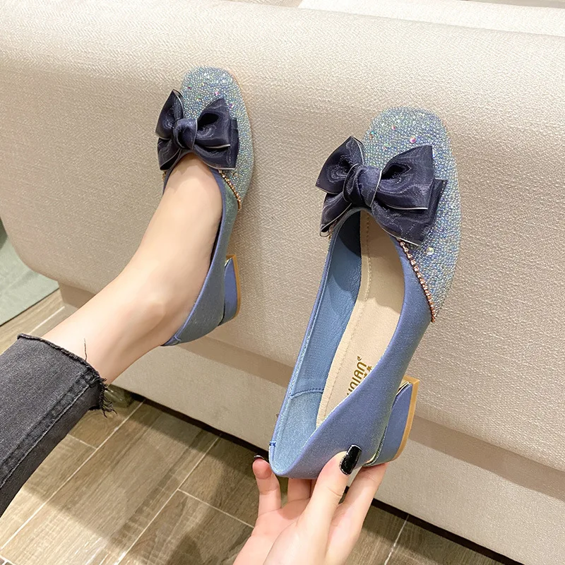 

Shiny Crystal Bowknot Pumps Women 2024 New Thick Heels Rhinestone Wedding Party Shoes Fashion Woman Square Toe Pumps