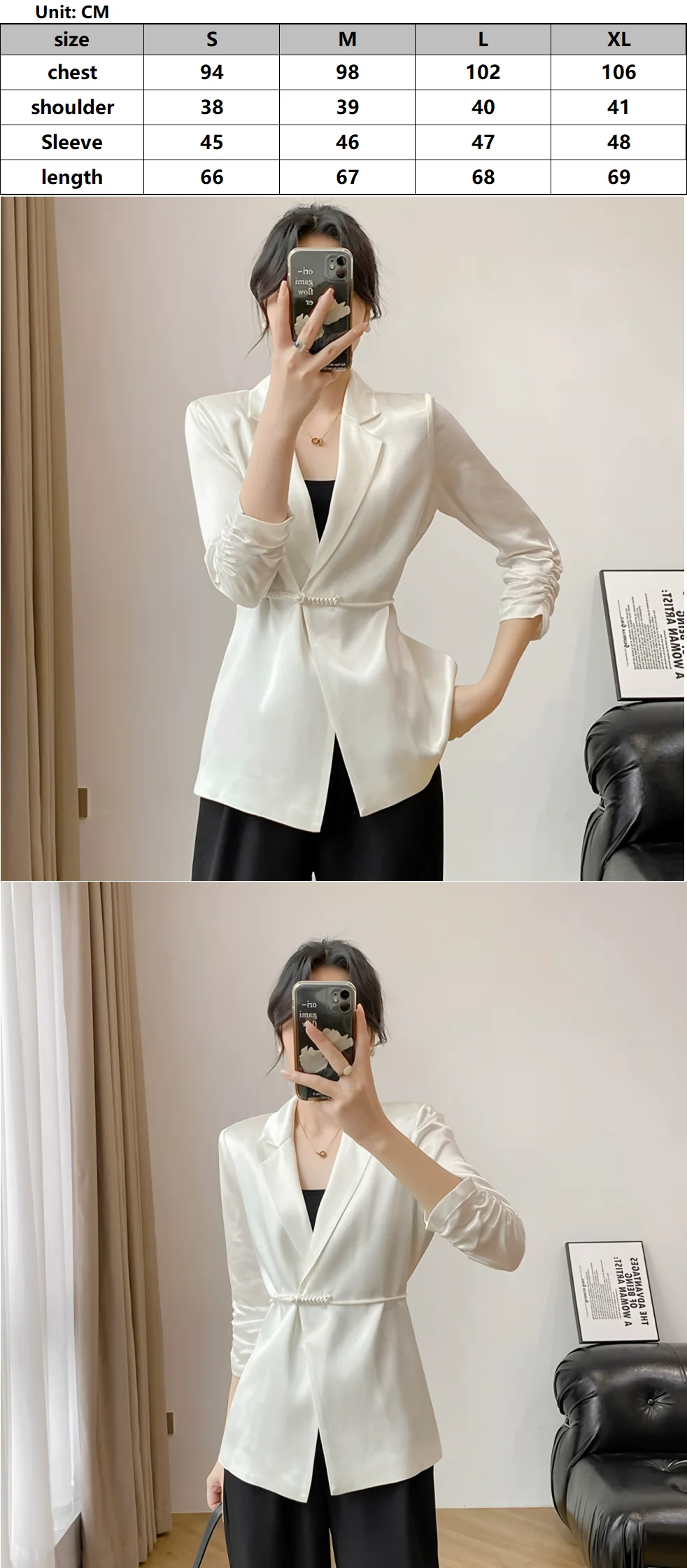 Damenjacke für Frühling und Herbst, neue Arbeitskleidung im chinesischen Stil, modischer und eleganter weißer Freizeitblazer, Satin-Acetat-Stoff, schwarzer Blazer mit Dreiviertelärmeln und einem Knopf – Detail 1
