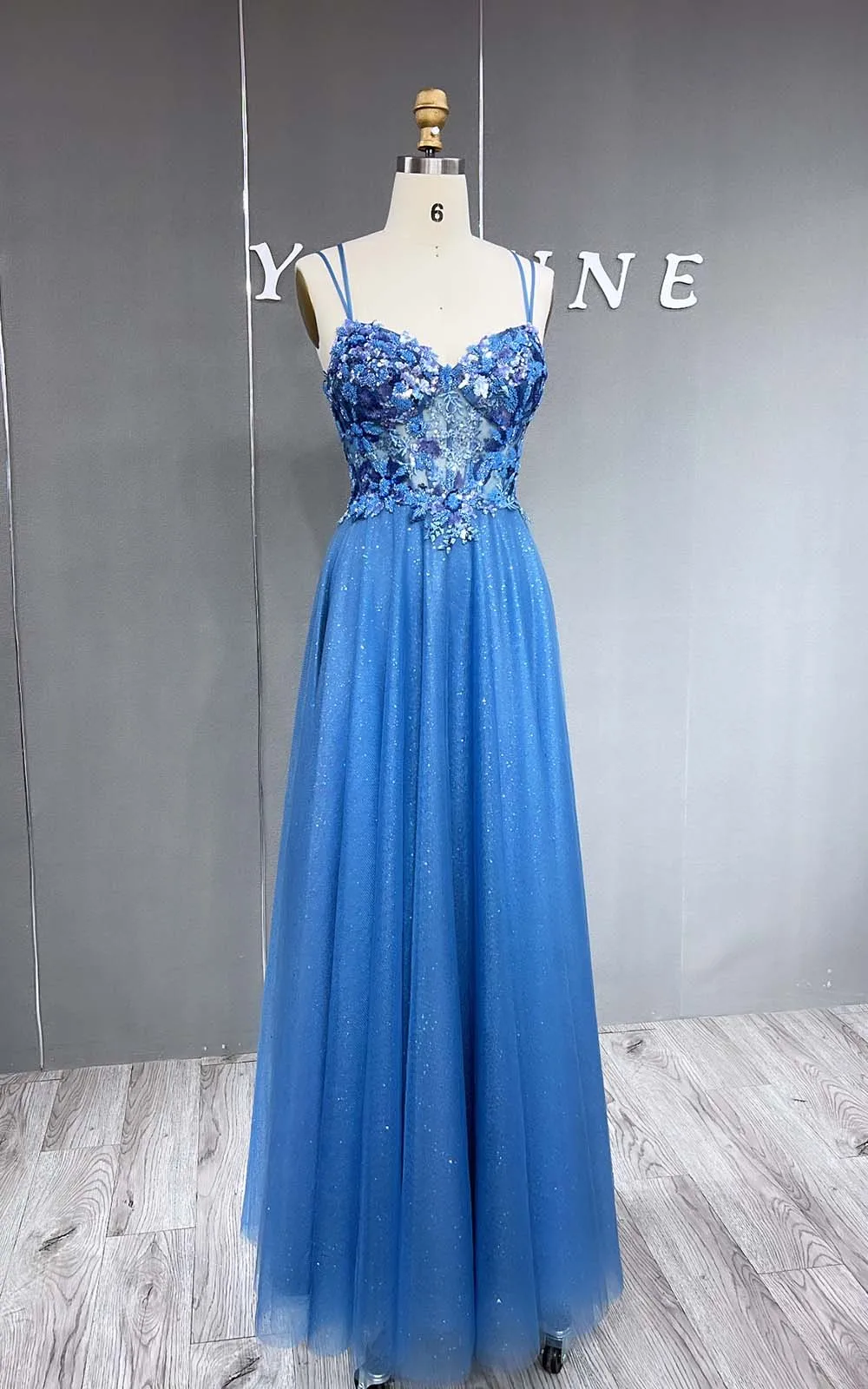 YQLNNE Sweet Blue Spaghetti Beading Long Prom Dresses Embroidered Tulle Lace-up Back Formal Women Party Gown