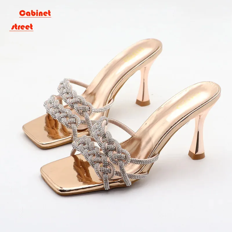 

New Summer Sexy Stiletto Heels Pointed Rhinestones Outside to Wear Simple Slippers with Solid Color Large Size Women's Shoes