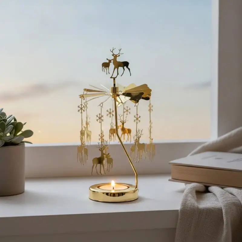 Rotating Stainless Steel Candle Holder INS Style Heat Powered Carousel Tea Light for Festival Home Decoration