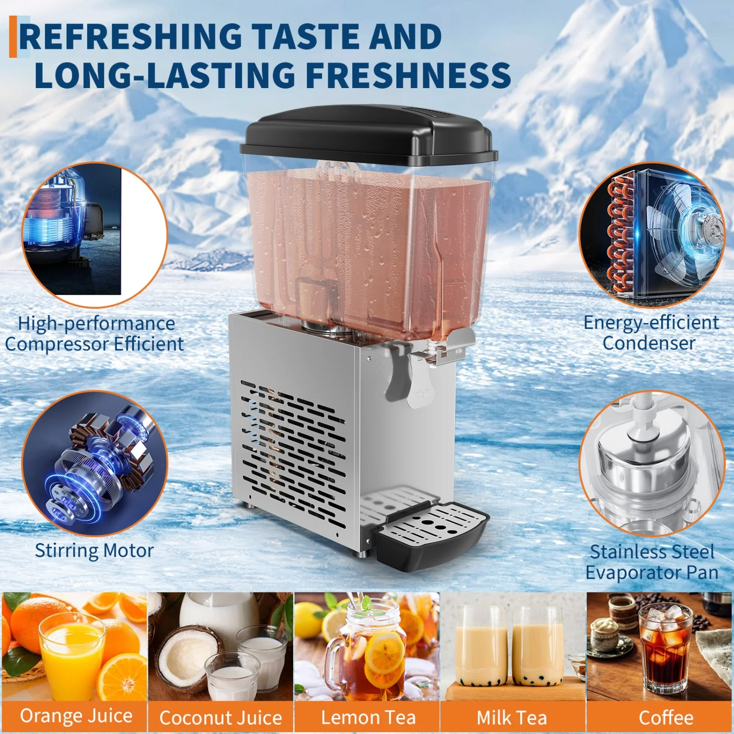 4.8 Gallon/18L Commercial Beverage Dispenser, 150W Stainless Steel Ice Tea & Drink Dispenser with Tank & Thermostat Control for Parties/Restaurants/Bars/Home/Cafes