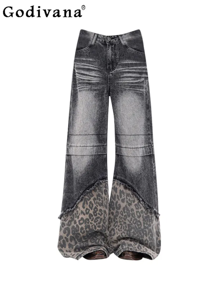 

European American Leopard Print Street High Waist Wide Leg Jeans New Women Loose Leisure Personality Versatile Mopping Trousers