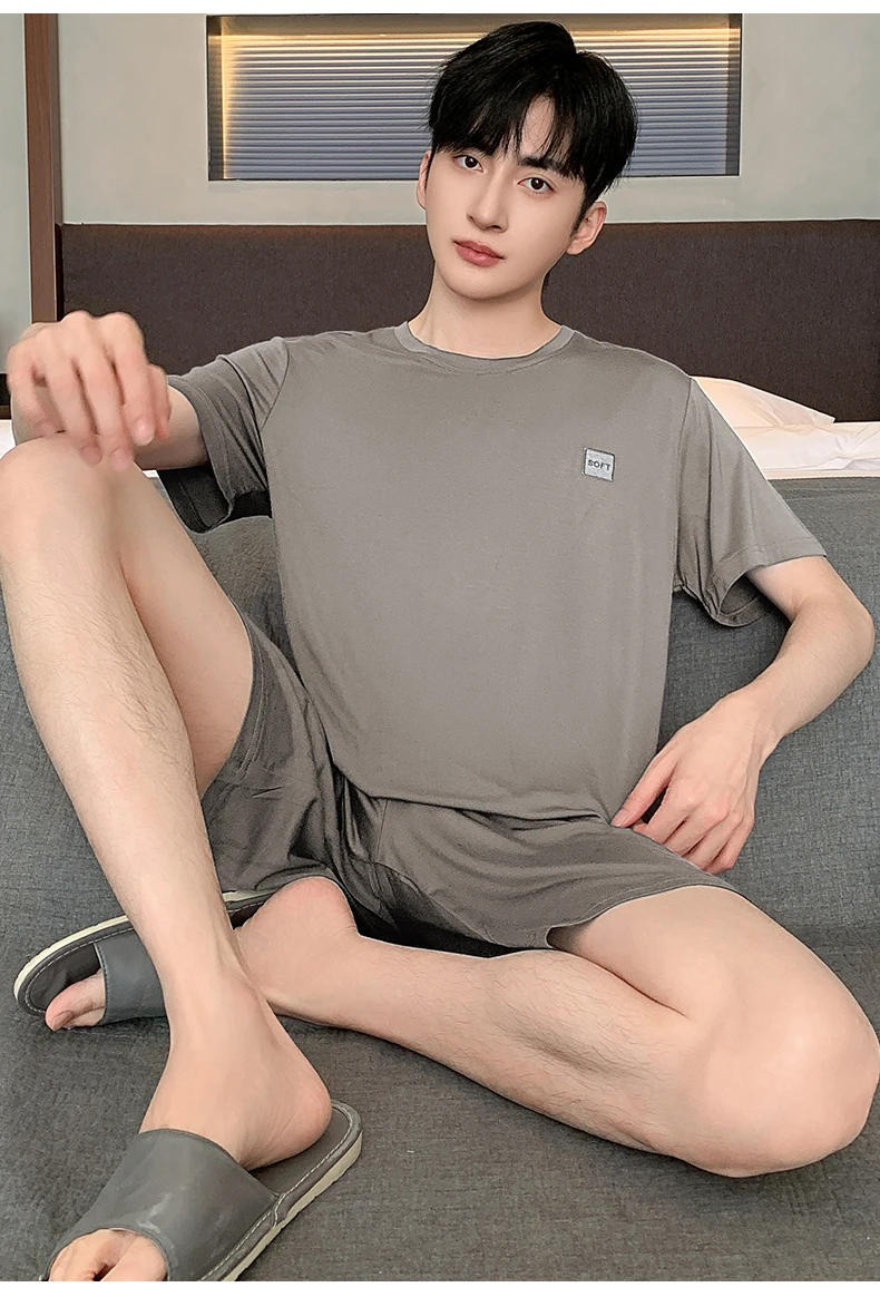 Sommerliches neues Herren-Pyjama-Set, kurzärmeliges Homewear-Set für Herren, einfarbig, lässiges Pyjama-Set für Teenager und Studenten. – Detail 12