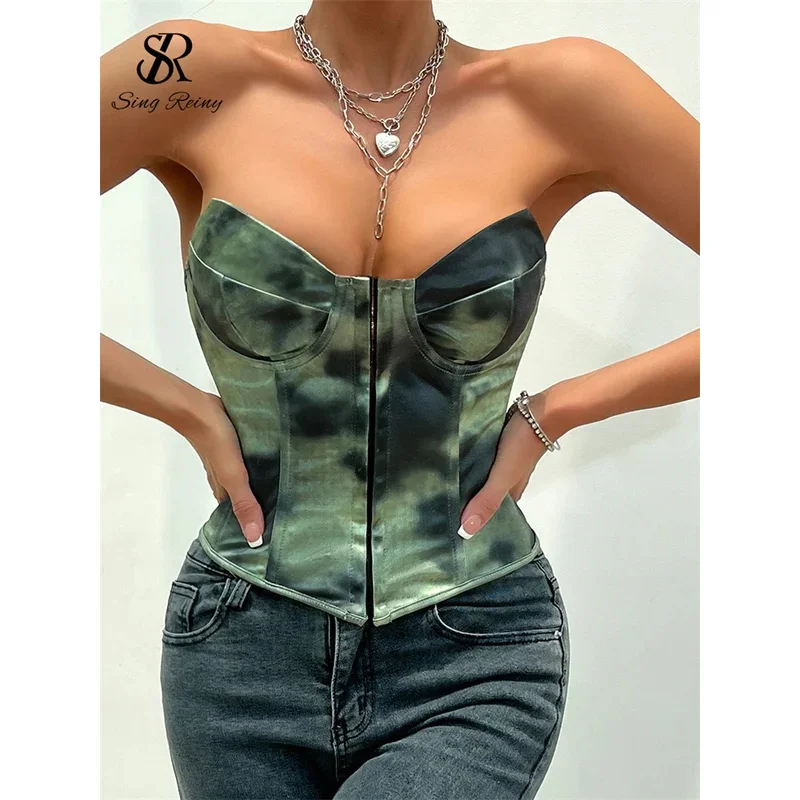 

SINGREINY Print Sexy Camis 2024 New Style Sleeveless Backless Summer Corset Tank Y2K Senior Lace-up High Street Women Tops