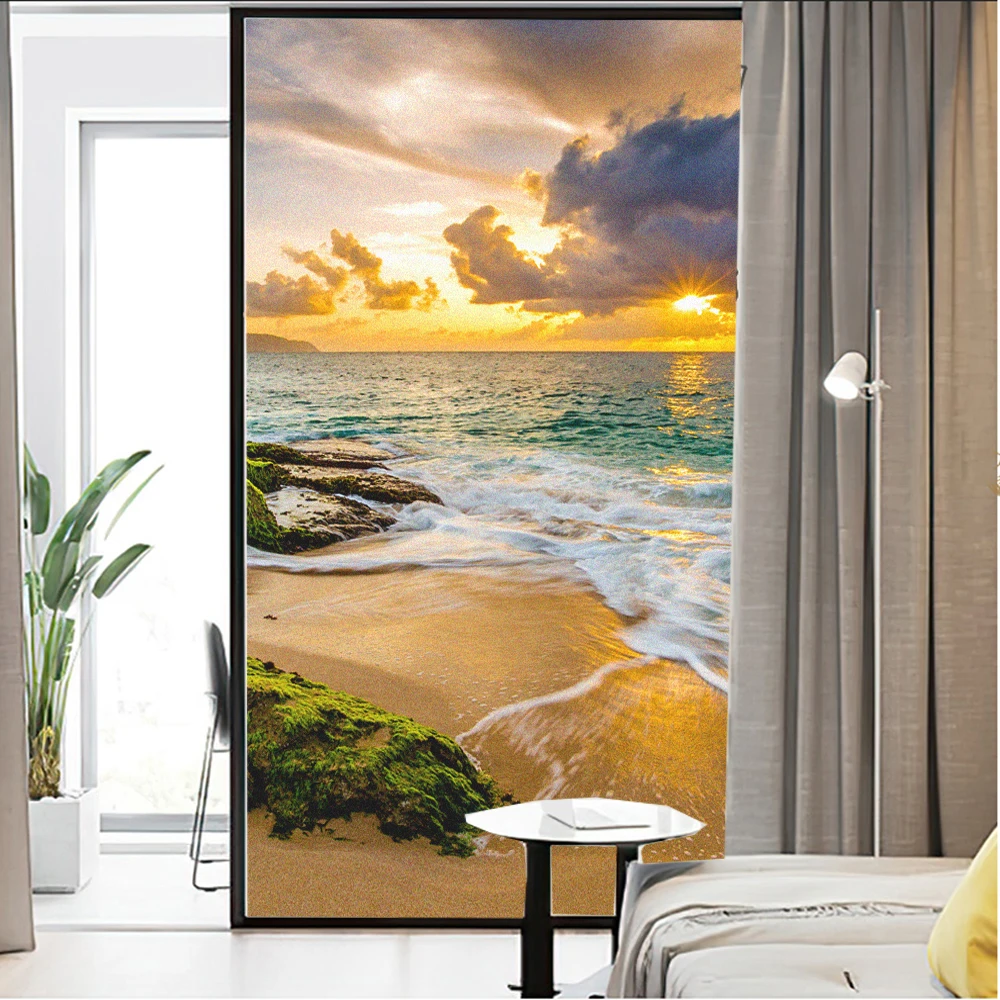 Window Film Privacy Frosted Glass Sticker Heat Insulation and Sunscreen Sea Sunrise Decoration Adhesive sticker for Home