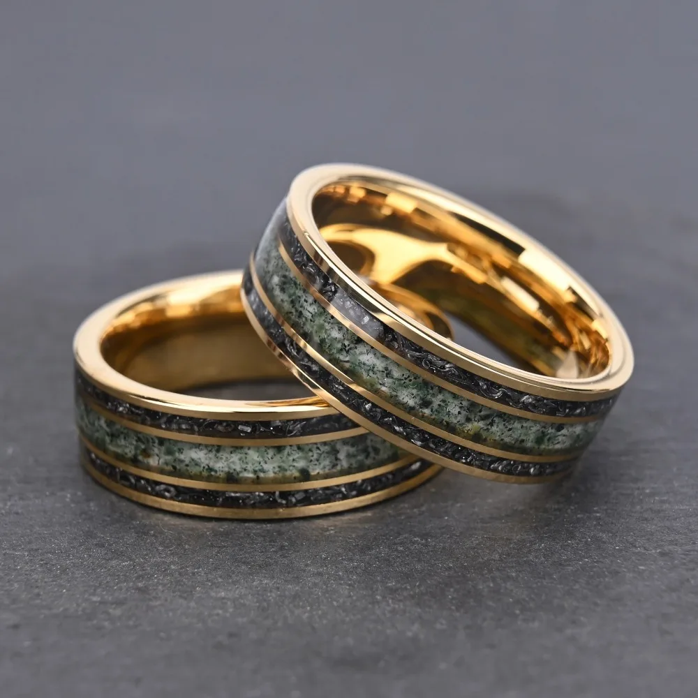 Somen 8mm Flat Gold Color Tungsten Ring For Men Moss Agate & Meteorite Inlay Wedding Band Engagement Jewelry Comfort Fit Bague