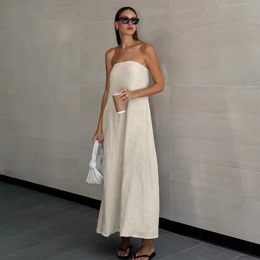 Parc Fee Sexy Loose Khaki Linen Womens Dresses 2026 Summer Strapless Sleeveless Ankle Length Dress Elegant Classic Female Dress