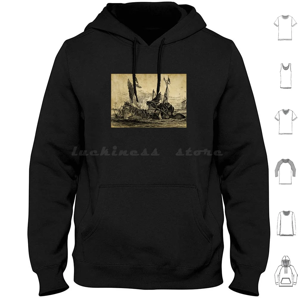 Sudaderas con Capucha de Manga Larga con Ilustración Vintage de Kraken Atacando un Barco, Monstruo Marino, Kraken, Calamar Gigante, Pulpo, Criatura de Terror