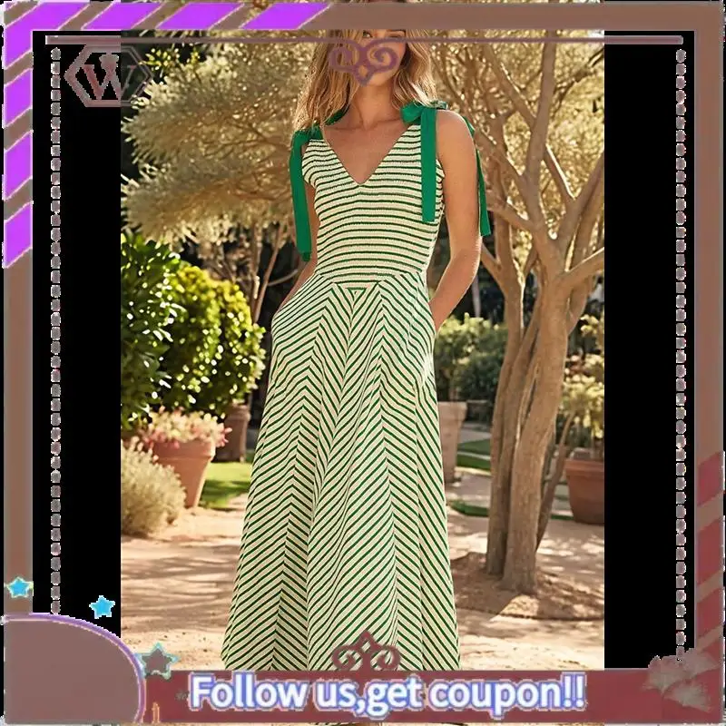 A95D-Abito estivo casual da donna con scollo a V a righe da spiaggia senza maniche, abito lungo fluido con tasche