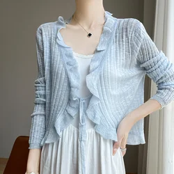 Cardigan con protezione solare in seta di ghiaccio moda francese t-shirt estiva da donna in tinta unita sottile e traspirante