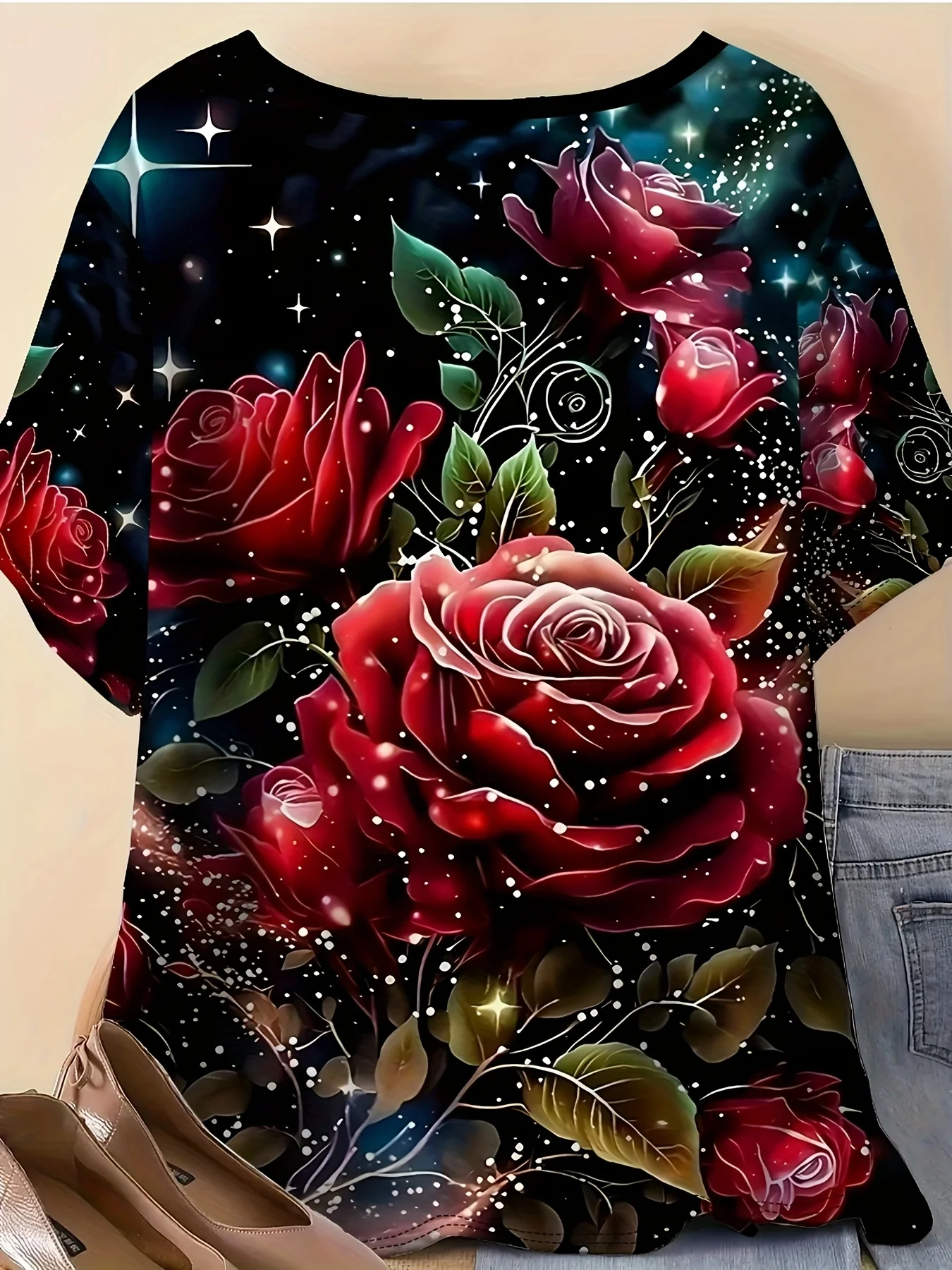 Women Short Sleeve T‑Shirt Red Rose Floral Print Glitter Star Sky Pattern Round Neck Loose Casual Summer Daily Tops