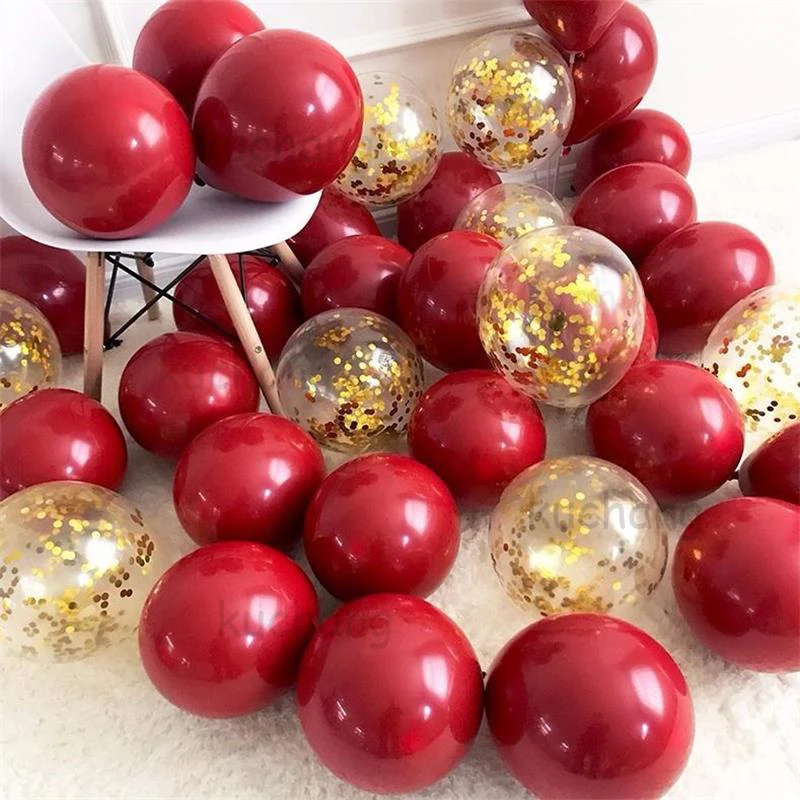 30pcs Double Layer Ruby Red Balloon Rose Gold Confetti Metal Gold Balloons For Birthday Party Valentine's Day Wedding Decor