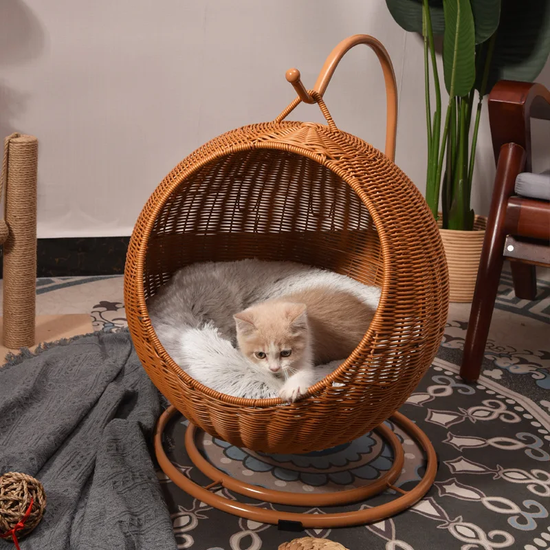 Plastic Wicker Cat Bed  Hollow Summer Pet Nest  Stable Hanging Cat Hammock Detachable Rocking Bed for Cats and Dogs