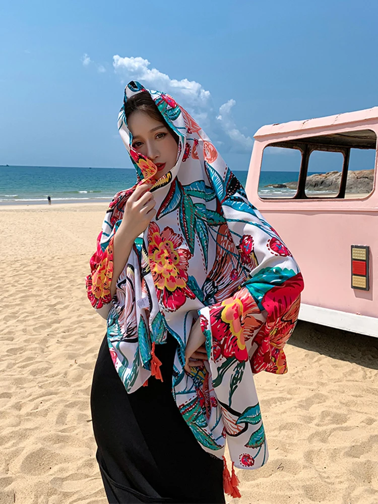 Summer Silk Scarf Women Sarong Beach Wrap Lady Female Bikini Cover Up Sunscreen Bandana Hijab Femme Mujer Scarve Bufanda Stoles