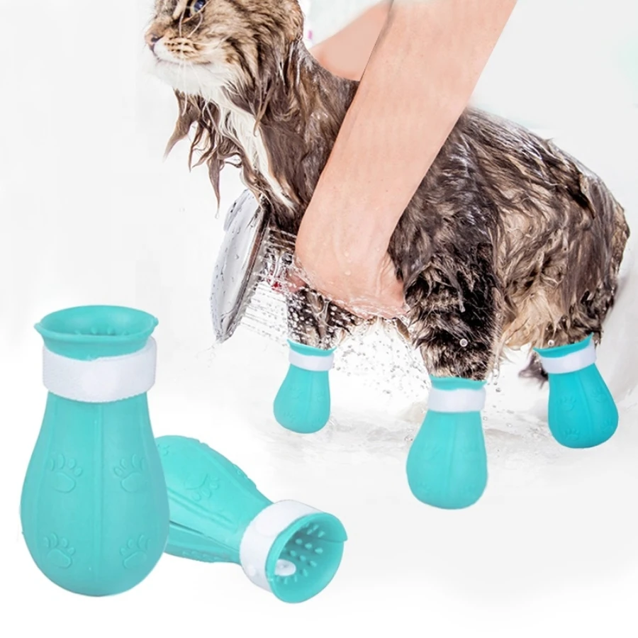 Protector de garra de gato, zapatos de baño antiarañazos, botas de lavado de baño ajustables para mascotas, cubierta de uñas de Pata de Gato